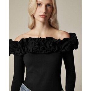 J Crew Womens Off The Shouler Top Sz XS Black Rosettes Stretch Cotton Coquette